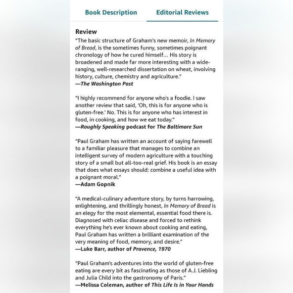 In‎ Memory Of Bread: A Memoir By Paul Graham Hardcover Book - Picture 4 of 9